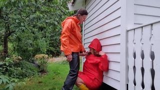 Fucking ex-wife and squirting on her boobies in rainwear and rubber boots