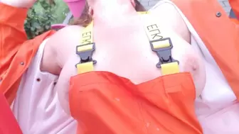 Hand-Job and squirt on ex-wife's giant titties wearing rainwear and rubber boots