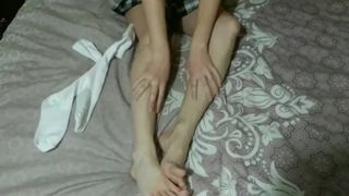 Foot job with stocking turns into tit fuck
