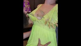 Bitch in yellow gets her melons tortured just for fun