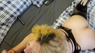 Horny blonde milks her husband's dong dry