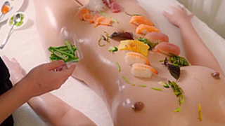 Sashimi On Vagina!? Enjoy Sushi On A Busty Babes Oiled Up Body