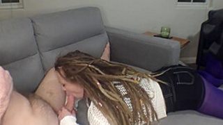 Sexy Blonde In Short Skirt And Purple Tights Licks Me Off