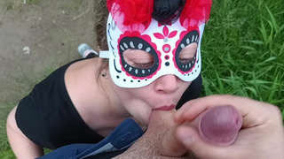 Public oral sex by the river with monstrous cum-shot