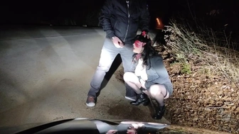 Piss Bitch in dog collar receives golden shower and fine jizz in her mouth in a public road interrupte
