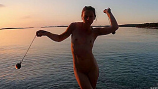 Nude Beach Fire Dancing At Sunset With Ravishing Red-Head Lea