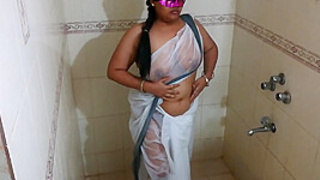 Indian Big Boobs Horny Lily In Bathroom Taking Shower In White Saree