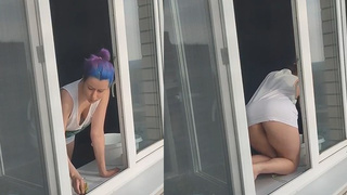A neighbor skank washes windows without a bra and panties