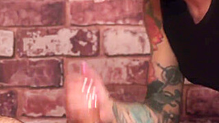 CFNM Brit tattooed babe jerks BF while voyeur watches