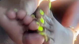Ebony Big Feet Dominating For Hot Cum Over Sexy Neon Bright Toes