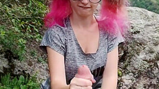 Mia Elfie - Blowjob In The Mountains From A Girl In Glasses With Pink Hair Cum On Glasses And Face