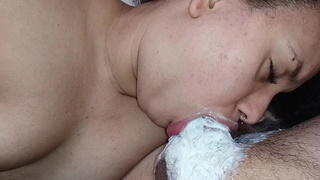 The chick's mouth goes all the way to the stalk, rolling around like crazy, making me jizz a lot