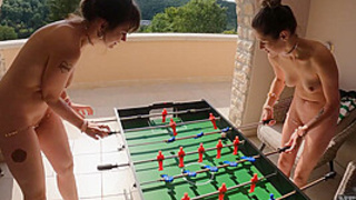 Sofie And Josie Playing Naked Foosball Table Soccer And Eating Candy Jewelry Off One Another
