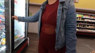 Wife in see through Burgundy Tights and Shirt in Public