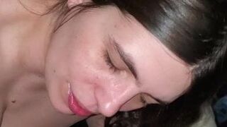 Busty ex-wife takes cums on