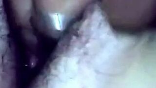 Wifes hairy twat gets finger drilled