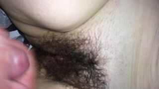 Spunking on wifes hairy vagina